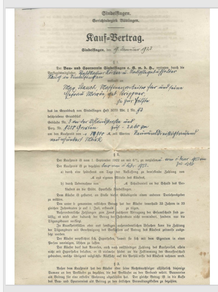 Schnödeneck Siedlung Sindelfingen, Originaldokumente, Kaufvertrag vom 19 Januar 1923